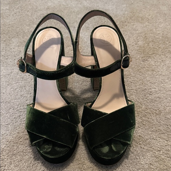 Tory Burch Green Velvet Heeled Sandals - Picture 1 of 13